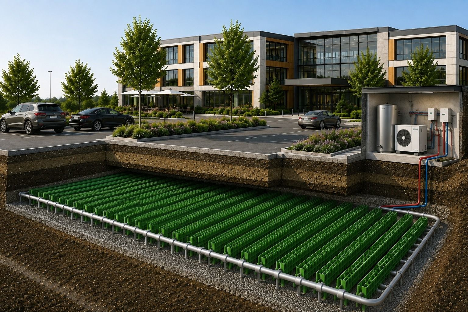 Energie-Monolith mit Erdwärmekollektoren unter einem Parkplatz und Anbindung an die Wärmepumpe des Gebäudes